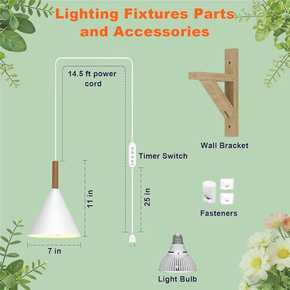 Hanging Grow Light with Timer, 20W Full Spectrum Plant Lamp for Indoor Plants, 14.5 ft Power Cord, Adjustable Height, Wall-Mounted Growing Light for Large Tall Plants, Succulents and Flowers (White)