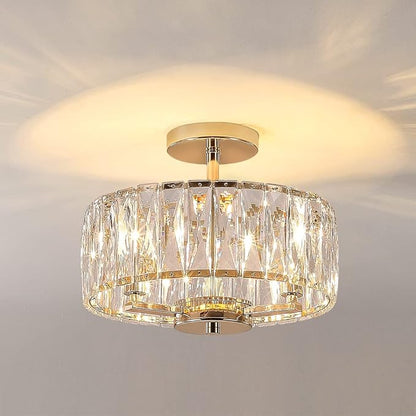 K9 Crystal Gold Chandelier Ceiling Lighting, 3-Lights Modern Mini Crystal Semi Flush Mount Pendant Lamp Fixture with E12 Bulb Base for Living Room Hallway Dining Room Bedroom (H10.4 x D12.5)