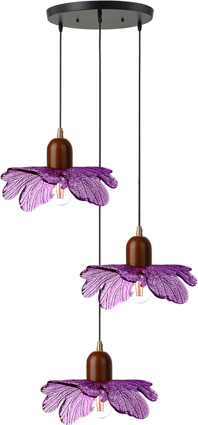 Mid Century Pendant Light 3-Light Purple Glass Chandelier Vintage Walnut Wood Hanging Pendant Lamp Art Decoration Light Fixtures Modern Pendant Lighting for Dining Room Bedroom