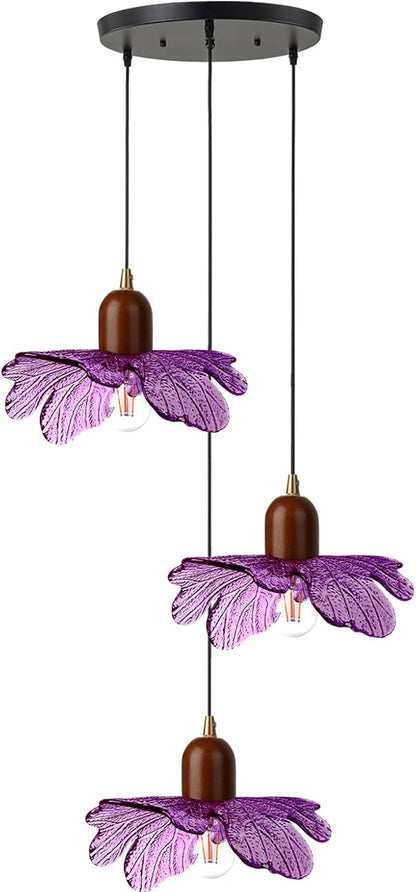 Mid Century Pendant Light 3-Light Purple Glass Chandelier Vintage Walnut Wood Hanging Pendant Lamp Art Decoration Light Fixtures Modern Pendant Lighting for Dining Room Bedroom