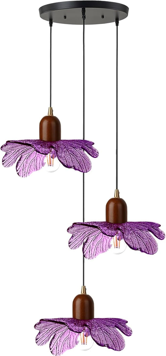Mid Century Pendant Light 3-Light Purple Glass Chandelier Vintage Walnut Wood Hanging Pendant Lamp Art Decoration Light Fixtures Modern Pendant Lighting for Dining Room Bedroom