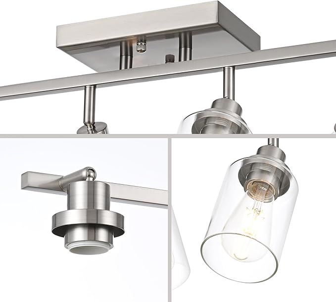 5 Light Multi-Directional Track Lighting Kit Brushed Nickel Kitchen Track Lighting Fixtures Ceiling Vanity Light Fixture with Clear Glass, Modern Rotatable E26 Spotlight for Kitchen Bathroom Hallway
