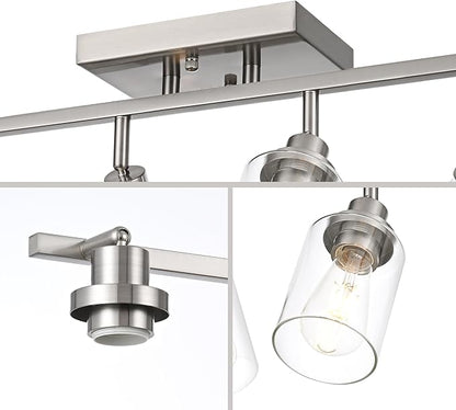 6 Light Track Lighting Kit Brushed Nickel Kitchen Track Lighting Fixtures Ceiling Mount Bathroom Vanity Wall Scones Light Fixture with Clear Glass, Rotatable Spotlight for Kitchen Shop Hallway