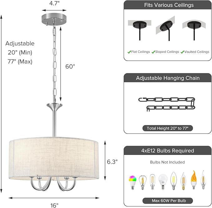 Drum Chandelier for Dining Room, 4-Light Modern Farmhouse Brushed Nickel Chandelier with Linen Drum Shade, 16" Hanging Pendant Ceiling Light Fixture for Kitchen Island Bedroom Living Room