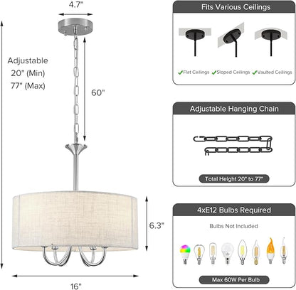 Drum Chandelier for Dining Room, 4-Light Modern Farmhouse Brushed Nickel Chandelier with Linen Drum Shade, 16" Hanging Pendant Ceiling Light Fixture for Kitchen Island Bedroom Living Room