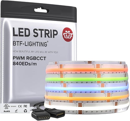 BTF-LIGHTING FCOB COB RGBCCT Color Changing LED Strip IP66,UL Listed 840LED/m High Density 16.4FT RGB+Tunable White 3000K-6000K DC24V 12mm Width Flexible Light for Home Decor(No Adapter & Controller)