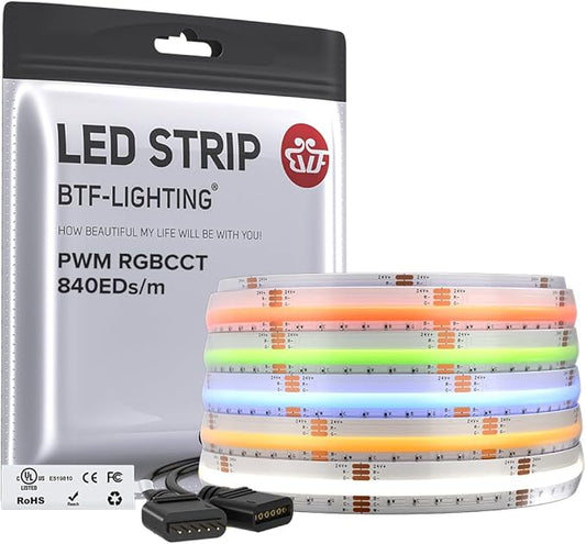 BTF-LIGHTING FCOB COB RGBCCT Color Changing LED Strip IP66,UL Listed 840LED/m High Density 16.4FT RGB+Tunable White 3000K-6000K DC24V 12mm Width Flexible Light for Home Decor(No Adapter & Controller)