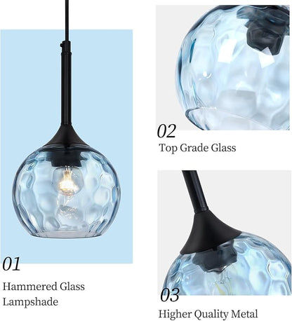 Glass Pendant Lights Kitchen Island: 5.91'' 2-Pack 1-Light Blue Hammered Glass Pendant Light with Black Finish - Modern Minimalist Hanging Light Fixture for Kitchen Sink Dining Room Bedroom