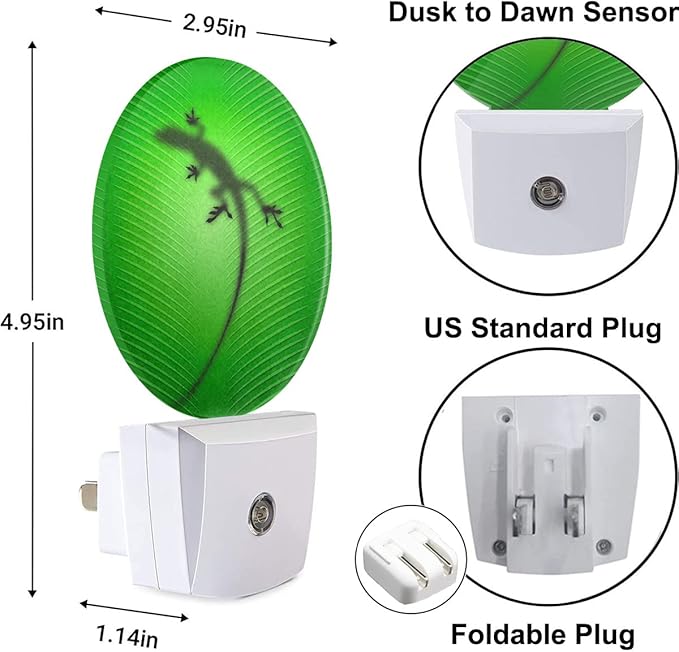Gecko Lizard Night Lights Plug into Wall Silhouette of Lizard Behind Green Leaf LED Dusk to Dawn Plug-in Nightlight Auto Sensor for Bedroom Bathroom Hallway Living Room