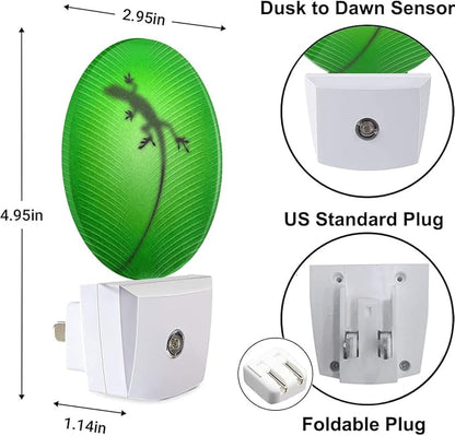 Gecko Lizard Night Lights Plug into Wall Silhouette of Lizard Behind Green Leaf LED Dusk to Dawn Plug-in Nightlight Auto Sensor for Bedroom Bathroom Hallway Living Room