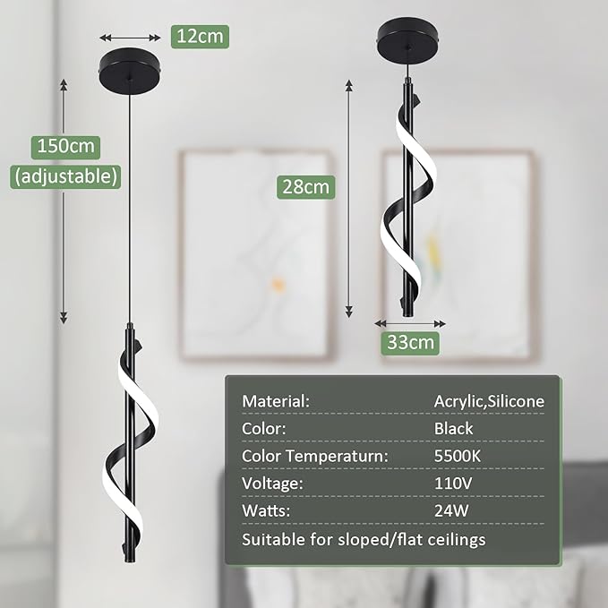 CANEOE Modern Spiral Led Pendant Light Fixture, 3000K-6000K Dimmable Modern LED Hanging Lamp, Adjustable Hanging Island Light Fixture for Bedroom Living Room Kitchen Sink, 1 Pack (Black)