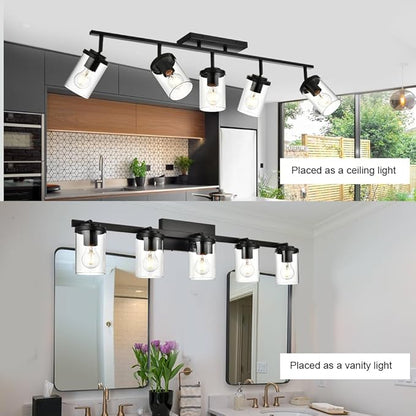 BONLICHT 5 Light Spotlight Track Lighting Modern Semi Flush Mount Ceiling Light Industrial Vintage Black Wall Sconce Vanity Light Fixtures Farmhouse Bathroom Wall Mount Lights with Clear Glass Shade