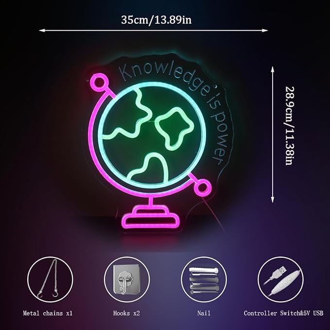Nordstylee World Map Neon Light, 3D Globe LED Wall Sign in Pink Blue Green - Dimmable USB Powered Acrylic Light for Gaming Room, Kids Bedroom Decor, Cool Night Light Gift for Teens, Boys & Girls