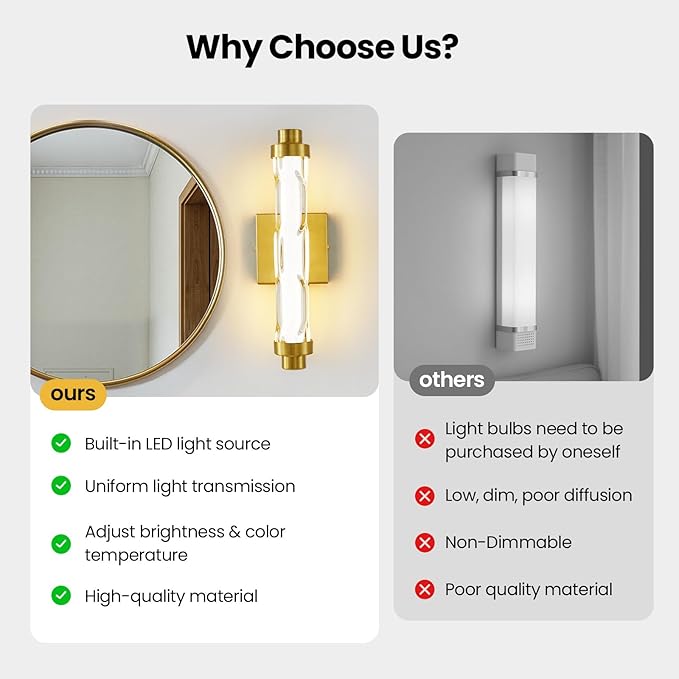 15.4" Gold Wall Sconces Set of 2, Modern Bathroom Sconces Wall Lighting with Ripple Glass Shade, 5CCT Dimmable LED Vanity Light 14W for Mirror, Bedroom, Hallway, Entryway