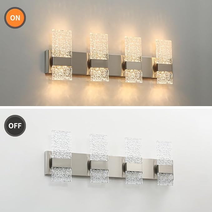 Modern Brushed Nickel 4 Lights Bathroom Vanity Light, Eleglant Nickel LED Bathroom Light Fixtures over Mirror, Dimmable Acrylic Shade Wall Lighting Fixtures, Hardwired Wall Light(H9.25in, L28.35in)