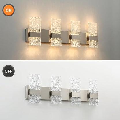 Modern Brushed Nickel 4 Lights Bathroom Vanity Light, Eleglant Nickel LED Bathroom Light Fixtures over Mirror, Dimmable Acrylic Shade Wall Lighting Fixtures, Hardwired Wall Light(H9.25in, L28.35in)