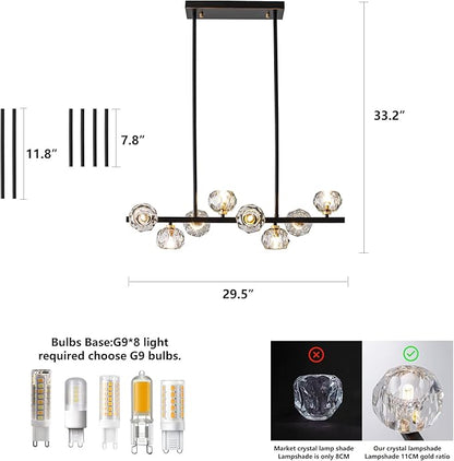 Modern Crystal Chandelier Dining Room Light fixtures Black Chandeliers with Crystal Ball Shade 8-Lights Industrial Globe Hanging Pendant Lighting for Kitchen Island,Living Room,Dining Room
