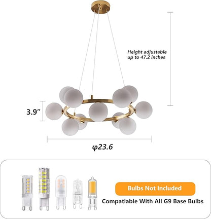 Modern Sputnik Chandelier Light Fixture, 12-Light Gold Bubble Glass Chandeliers for Dining Room, Mid Century White Globe Pendant Lighting for Kitchen Island, Bedroom, Foyer,Living Room,23.6IN