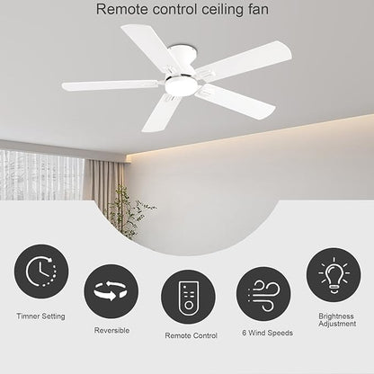 GJeg Ceiling Fans with Lights, 52 Inch Low Profile Ceiling Fan with Light and Remote, Flush Mount Ceiling Fan, 3CCT, Dimmable, Noiseless, Ceiling Light Fan for Bedroom, Indoor/Outdoor Use,White