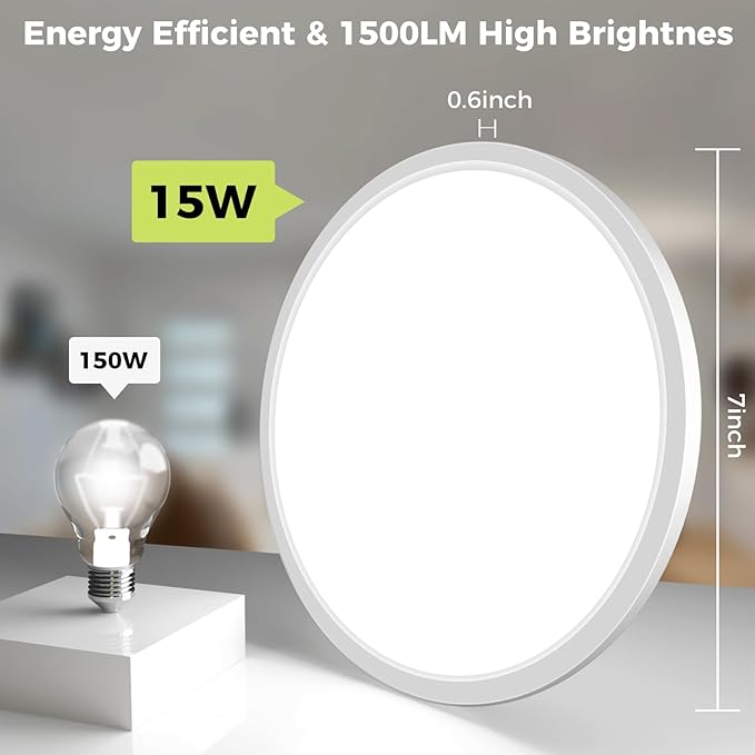 hepside 6Pack 7Inch LED Flush Mount Ceiling Light, Super Slim 15W LED Ceiling Light, Dimmable&3000K/3500K/4000K/5000K/6500K Adjustable Flat Ceiling Light Fixture for Bedroom,Living Room,Kitchen-White