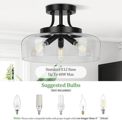 Modern Industrial Semi Flush Mount Ceiling Light with Clear Glass Shade, 3-Bulb Black Ceiling Light Fixture for Kitchen Bedroom Living Room Porch Hallway Entryway, E12 Socket, Bulbs Not Included