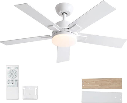 Rayqueen 42 Inch Ceiling Fans with Lights and Remote, 6 Speed Reversible DC Motor, 3CCT Dimmable LED, 5 Blades, White Modern Ceiling Fan for Bedroom, Living Room & Covered Outdoor, Includes Downrod