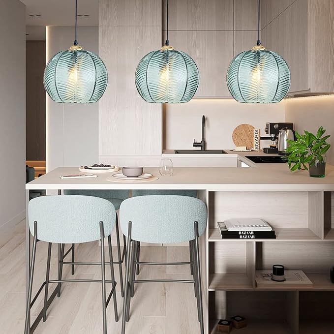Plug in Glass Pendant Light Mid-Century Modern Striped Glass Hanging Ceiling Lighting Fixture with 14.7FT Cord, Globe Decor Chandelier for Living Room, Bedroom, Dining Hall, Kitchen (Green)