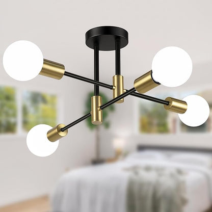 Bosceos Semi Flush Mount Ceiling Light Fixture, 4-Light Modern Black and Gold Sputnik Chandelier Industrial Ceiling Lamp for Kitchen Dining Room Living Room Bedroom Foyer