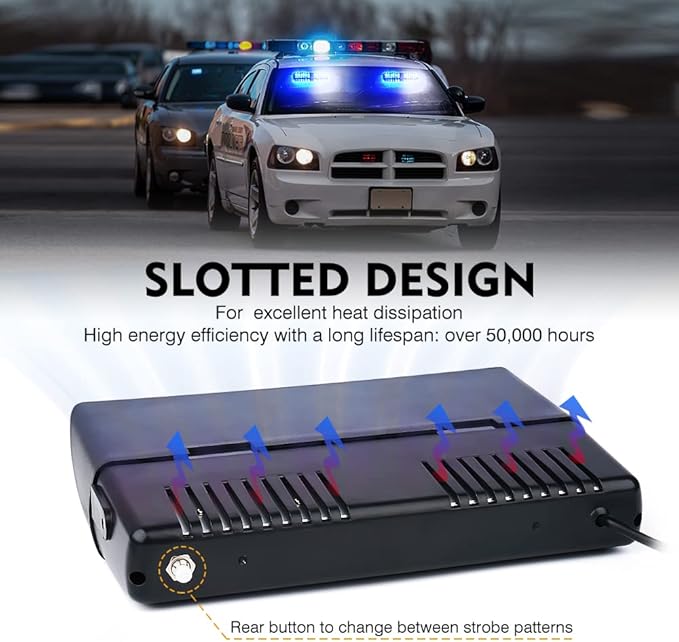 Xprite 2×11 inch High Intensity White Blue 32 LED Emergency Strobe Dash Lights, Interior Windshield Flashing Police Light w/Suction Cups for Police Law Enforcement POV Vehicles Trucks