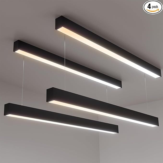JTT 4FT LED Linear Light,50W/40W/30W Linkable Office Light Fixture,3000K-5000K Selectable,0-10V Dimmable Architectural LED Suspension Ceiling Hanging for Shop Basement Light Dining Gym Room, 4 Packs
