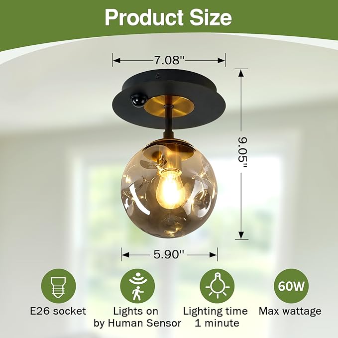 Motion Sensor Light Indoor 1-Light Mini Glass Globe Ceiling Light Fixture Modern Black Semi Flush Mount Light for Hallway Entryway Porch Stairway Closet