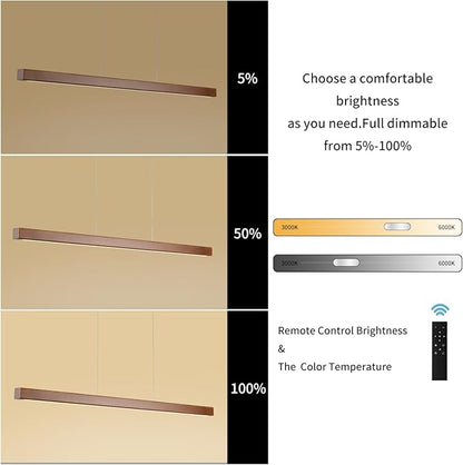 55 Inch Wood Linear Pendant Light Dimmable LED Kitchen Island Lighting with Remote Adjustable Hanging Chandelier for Dining Room Bar Pool Table 30W Modern Farmhouse Fixture Walnut Color