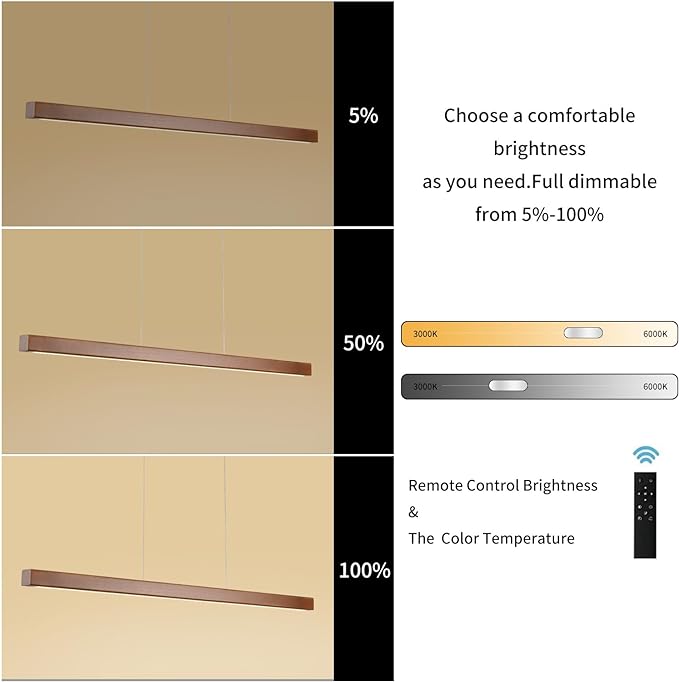39 Inch Wood Linear Pendant Light Dimmable LED Kitchen Island Lighting with Remote Adjustable Hanging Chandelier for Dining Room Bar Pool Table 24W Modern Farmhouse Fixture Walnut Color