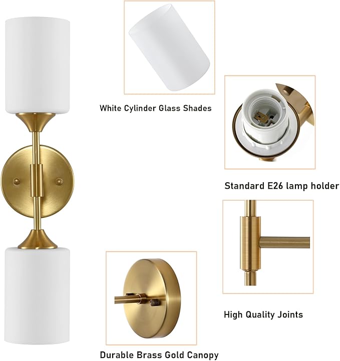 BYOLIIMA 2-Lights Gold Wall Sconce with White Cylinder Glass Shades Modern Mid Century Bathroom Vanity Wall Light Fixtures Industrial Brushed Brass Wall Lamp for Bedroom Mirror Living Room Restaurant