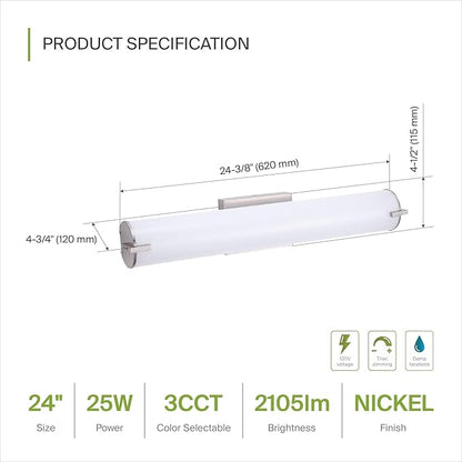 ASD LED 24" Vanity Wall Mount Light Fixture, Linear Bathroom Lighting Bar | 3CCT, Dimmable, Energy Star, ETL Listed | 25W 1950LM 3000-5000K 120V | Long Tube Bath Sconce Over Mirror | Nickel, 4 Pack