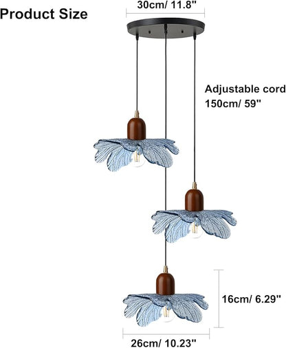 Modern Minimalist Blue Flower Glass Cluster Chandelier, Wood Accent Adjustable 3-Light Pendant Light for Kitchen Island, Apartment Living Room, Entryway, Breakfast Nook