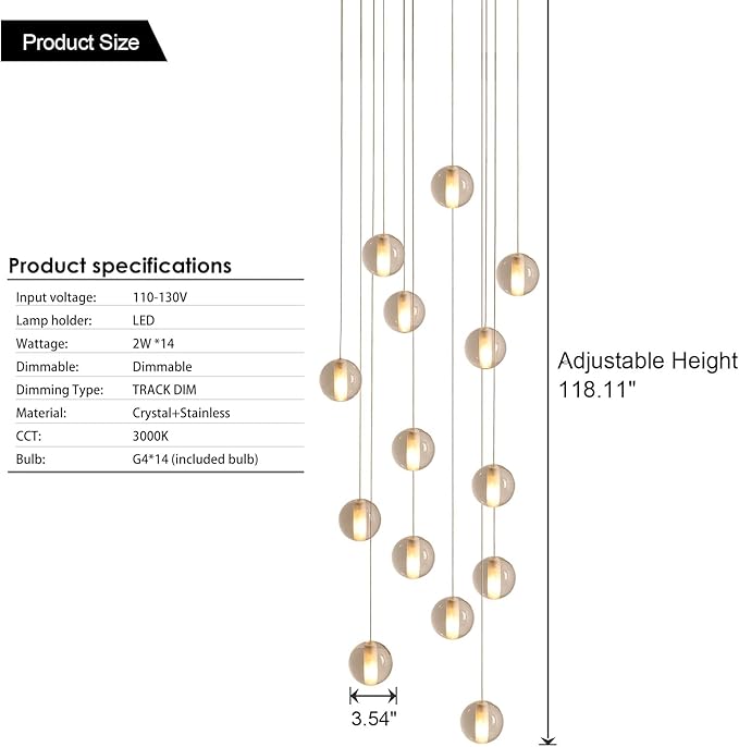 14 Lights Staircase Chandelier for High Ceiling, Dimmable Modern Crystal Raindrop Large Long Hanging Pendant Light for Stairwell Living Room Stair Foyer, Bulbs Included (Gold Canopy)