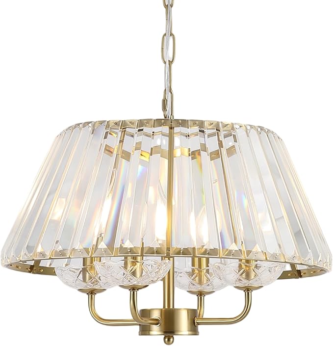 17.7" Modern Crystal Chandelier Vintage Mid Century Modern 4-Lights Gold Crystal Chandelier Light Fixture Drum Golden Chandelier for Dining Room, Bedroom, Kitchen Island, Entryway, E12