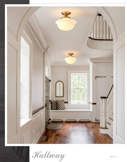 Schoolhouse Light Fixture, 12 Inch Black Finish with Milk Glass Semi Flush Mount Ceiling Light, Ceiling Light Fixture for Kitchen Hallway Entryway