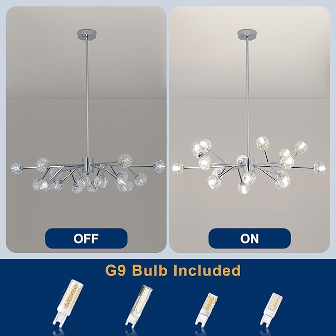 Depuley Modern Chrome Sputnik Chandelier: 18-Light Large Crystal Glass Chandelier for Living Room - Kitchen Island Light Fixture Mid Century Hanging Lamp for Dining Room (Included G9 Bulbs)