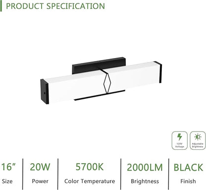 16 Inch Bathroom Vanity Light 2000LM, 5700K Daylight White Modern Bathroom Light Dimmable, AC 120V 20W Matte Black LED Vanity Lighting Fixtures Wall Sconce ETL Certified, 2Pack