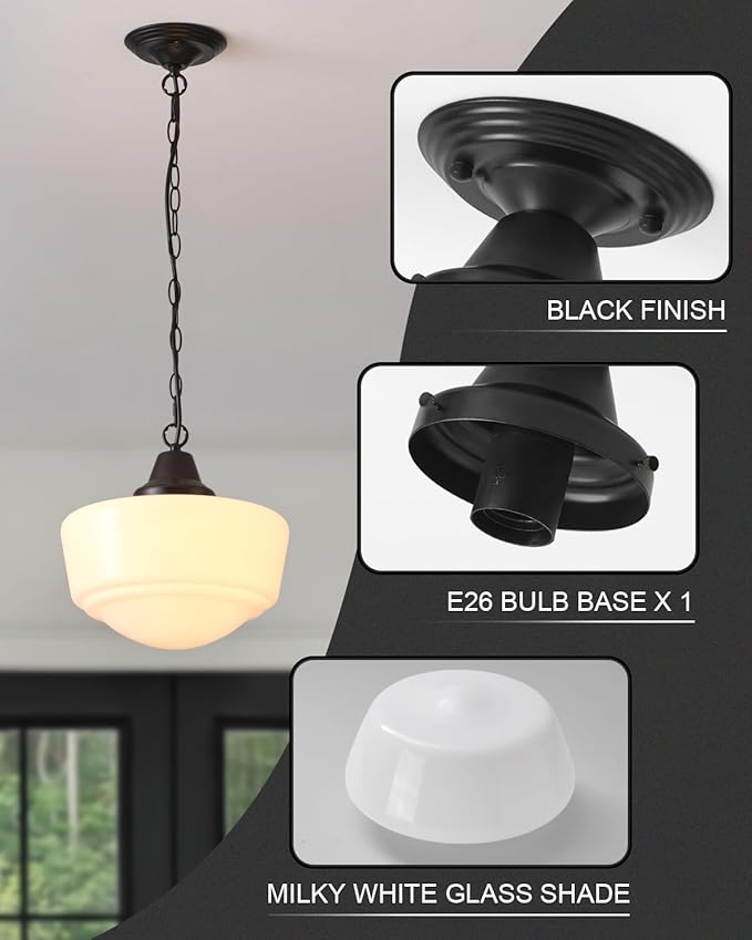 Schoolhouse Pendant Fixture, 12 Inch Black Finish with Milk Glass Adjustable Mid Century Ceiling Pendant Lighting, Pendant Light Fixtures for Kitchen Hallway Entrywa Dining Room…