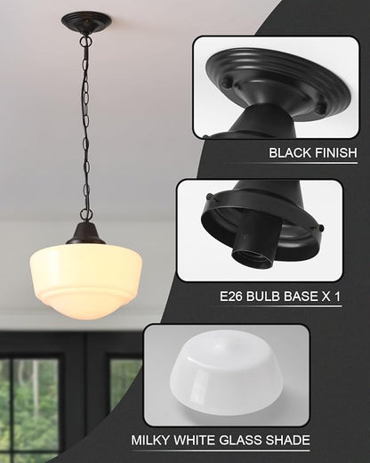 Schoolhouse Pendant Fixture, 12 Inch Black Finish with Milk Glass Adjustable Mid Century Ceiling Pendant Lighting, Pendant Light Fixtures for Kitchen Hallway Entrywa Dining Room…