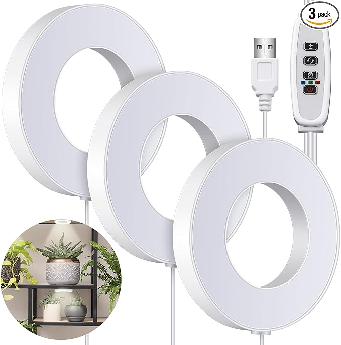 Tujoe 3 Pcs Ceiling Grow Light Self Adhesive Grow Lights for Indoor Plants 144 LED Light with 4/8/12h Auto Switch, 4 Dimmable Brightness Sun Lamp for Plants Full Spectrum Plant Growing Lamps