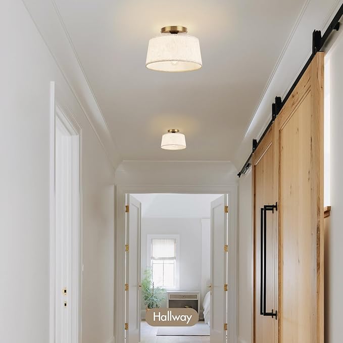 Modern Ceiling Light Fixture, 10 Inch Semi Flush Mount Lamp with Linen Shade, E26 Base, Gold for Kitchen Bedroom Hallway Closet Entryway Room Small Spaces