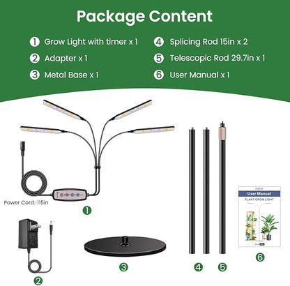 Kullsinss Grow Lights for Indoor Plants with Stand, 4-Heads Full Specturm Plant Grow Light with 4/8/12/16H Timer, 3 Color Modes, 360° Flexible Gooseneck, 24-68.7in Hight Adjustable Grow Lamp, Black