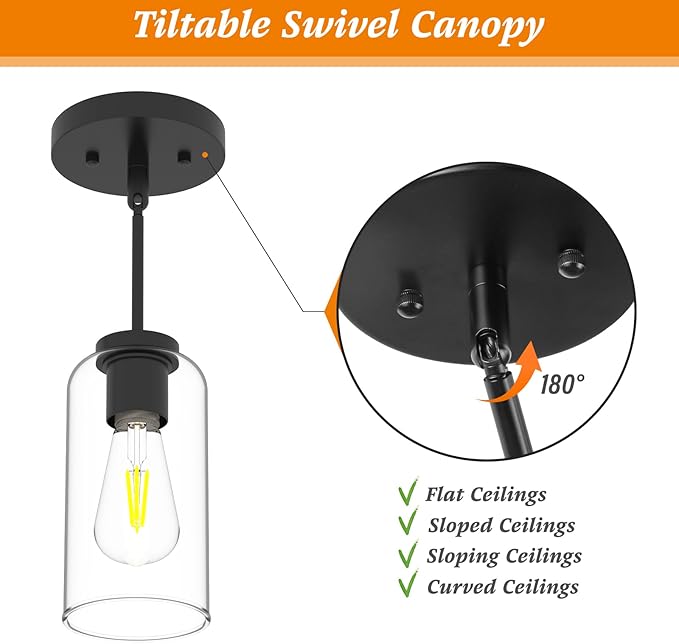 Zevluck 2-Pack Pendant Light, Matte Black Pendant Lighting with 5 Adjustable Tubes, Hanging Light Fixtures with Clear Glass Shade, Tiltable Pendant Lighting for Kitchen Island, Dining Room
