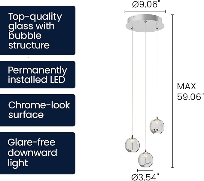 3-Light Chrome Globe Chandelier, Modern Bubble Glass Cluster Pendant Lights for Kitchen Island & Dining Room Light Fixture & Foyer Chandelier, Warm White 3000K, LED 1175 lm, Ø 9.8 in