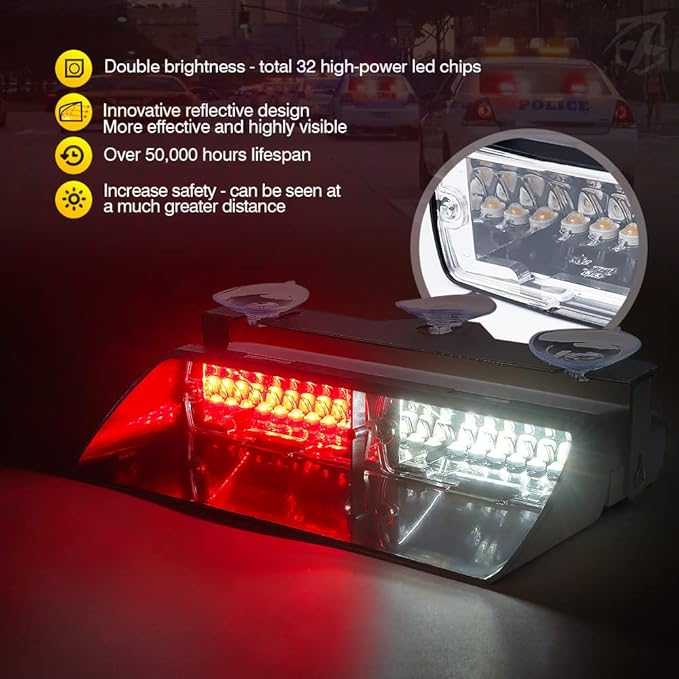 Xprite 2×11 inch High Intensity White Red 32 LED Emergency Strobe Dash Lights, Interior Windshield Flashing Volunteer Firefighter Light w/Suction Cups for Vehicles Trucks