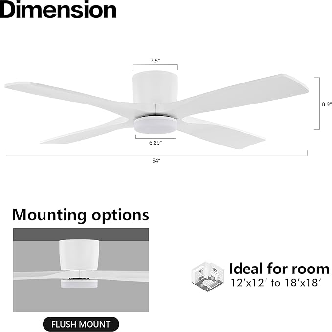 WINGBO 54 Inch Flush Mount DC Ceiling Fan with Lights and Remote, 4 Reversible Carved Wood Blades, 6-Speed Noiseless DC Motor, Hugger Ceiling Fan in Gloss White with White Blades